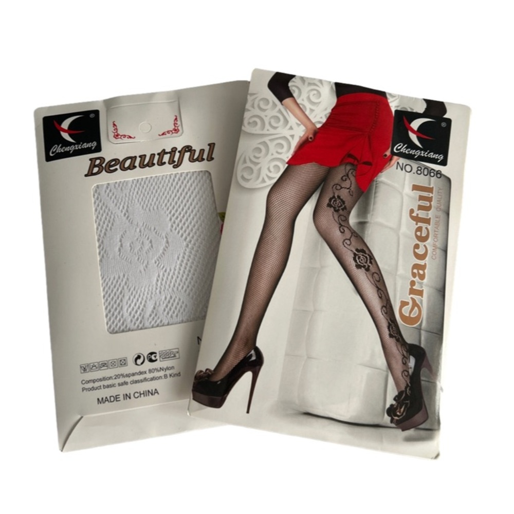 💕 Women’s Print Fishnet Tights Pantyhose 2 Pairs Black & White New One Size